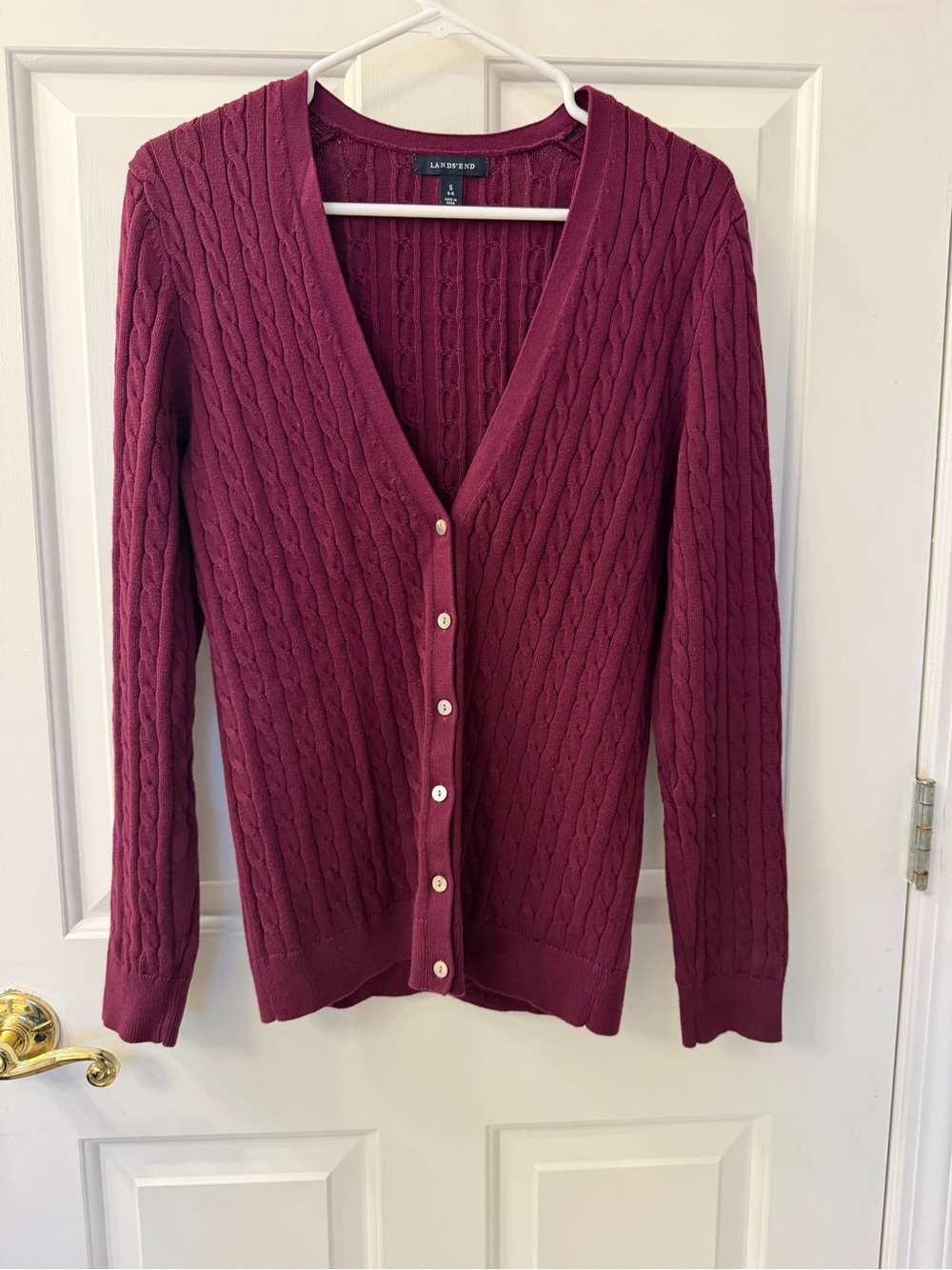 Lands' End Women's Cable Knit V-Neck Button Cardigan - Wine - Small
